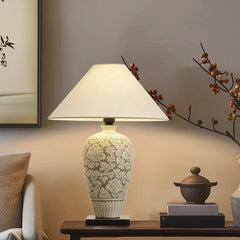 SANDYHA Ceramic Desk Lamp Retro for Bedroom Bedside Lamps Dining Table Lighting Living Room Decor Fabric Lampshade LED Lights