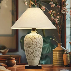 SANDYHA Ceramic Desk Lamp Retro for Bedroom Bedside Lamps Dining Table Lighting Living Room Decor Fabric Lampshade LED Lights