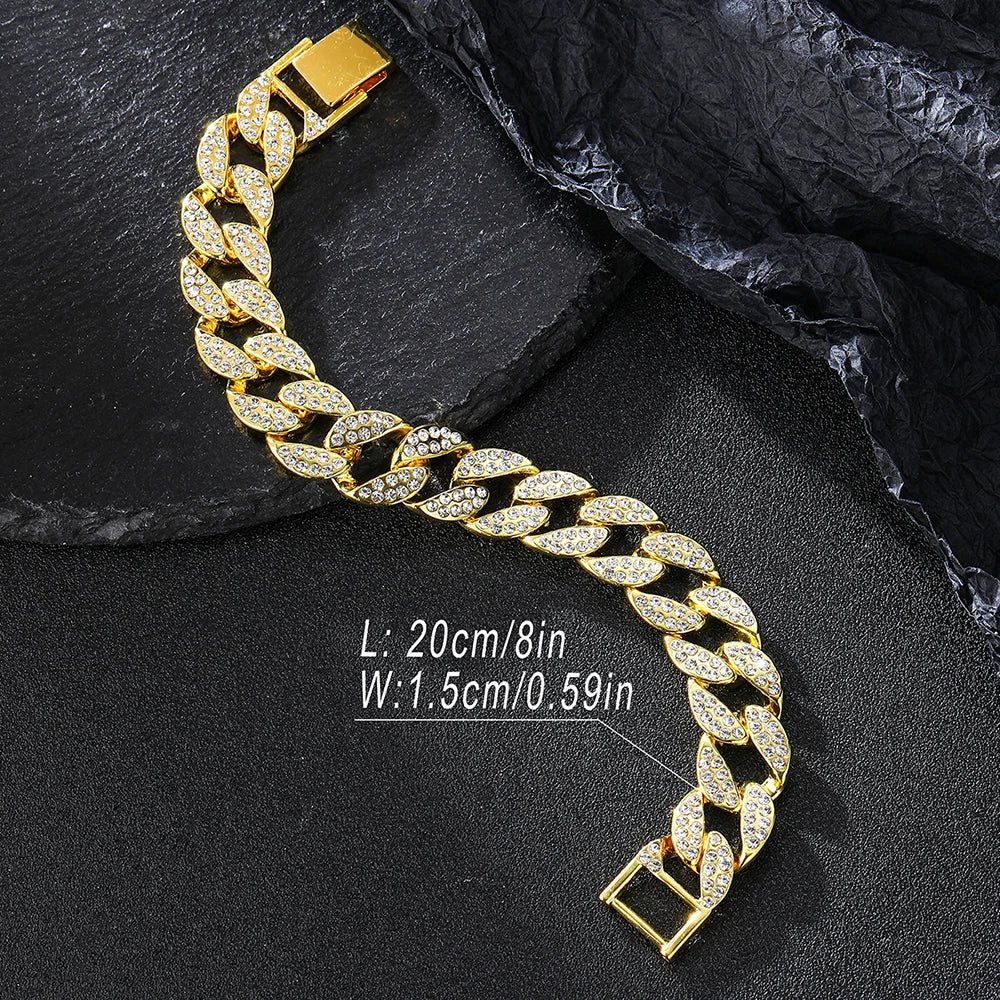 15MM Full Rhinestone Miami Cuban Chain Men's Ice Out Hip hop Necklace Rapper Jewelry Gift for teen boys Women girls