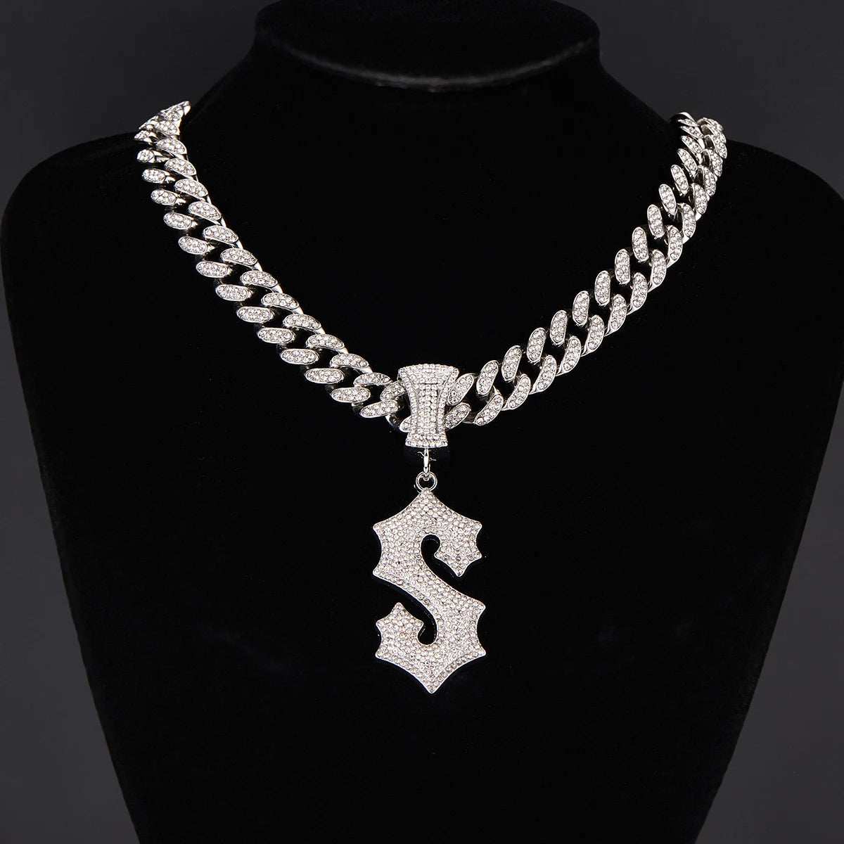 1pcs Hip Hop Full Rhinestone Shiny "A,S"Letter necklace with Ice Out 15MM Cuban chain for men and women Gifts for rappers