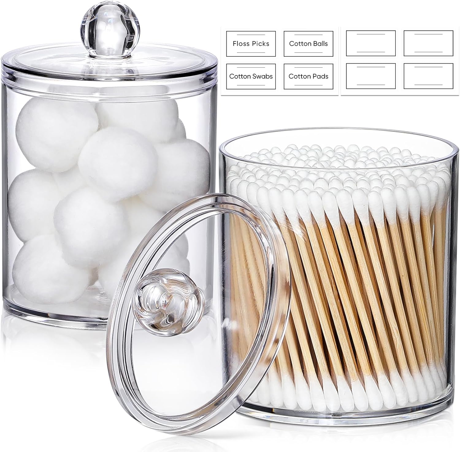 4 Pack Acrylic Qtip Holder Dispenser for Cotton Swabs, Balls, Pads, Floss Picks- Small Clear Plastic Canister Apothecary Jar Set, Bathroom Essentials Accessories Decor, Vanity Makeup Storage Organizer