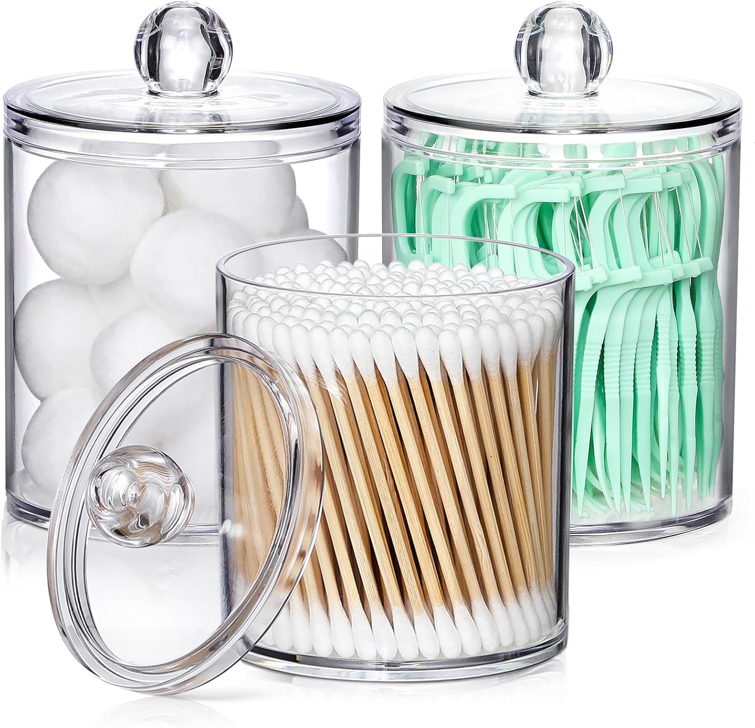 4 Pack Acrylic Qtip Holder Dispenser for Cotton Swabs, Balls, Pads, Floss Picks- Small Clear Plastic Canister Apothecary Jar Set, Bathroom Essentials Accessories Decor, Vanity Makeup Storage Organizer