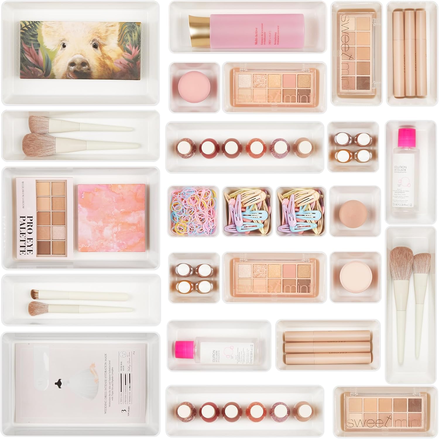 Vtopmart 25 PCS Clear Plastic Drawer Organizers Set, 4-Size Versatile Bathroom and Vanity Drawer Organizer Trays, Storage Bins for Makeup, Bedroom, Kitchen Gadgets Utensils and Office