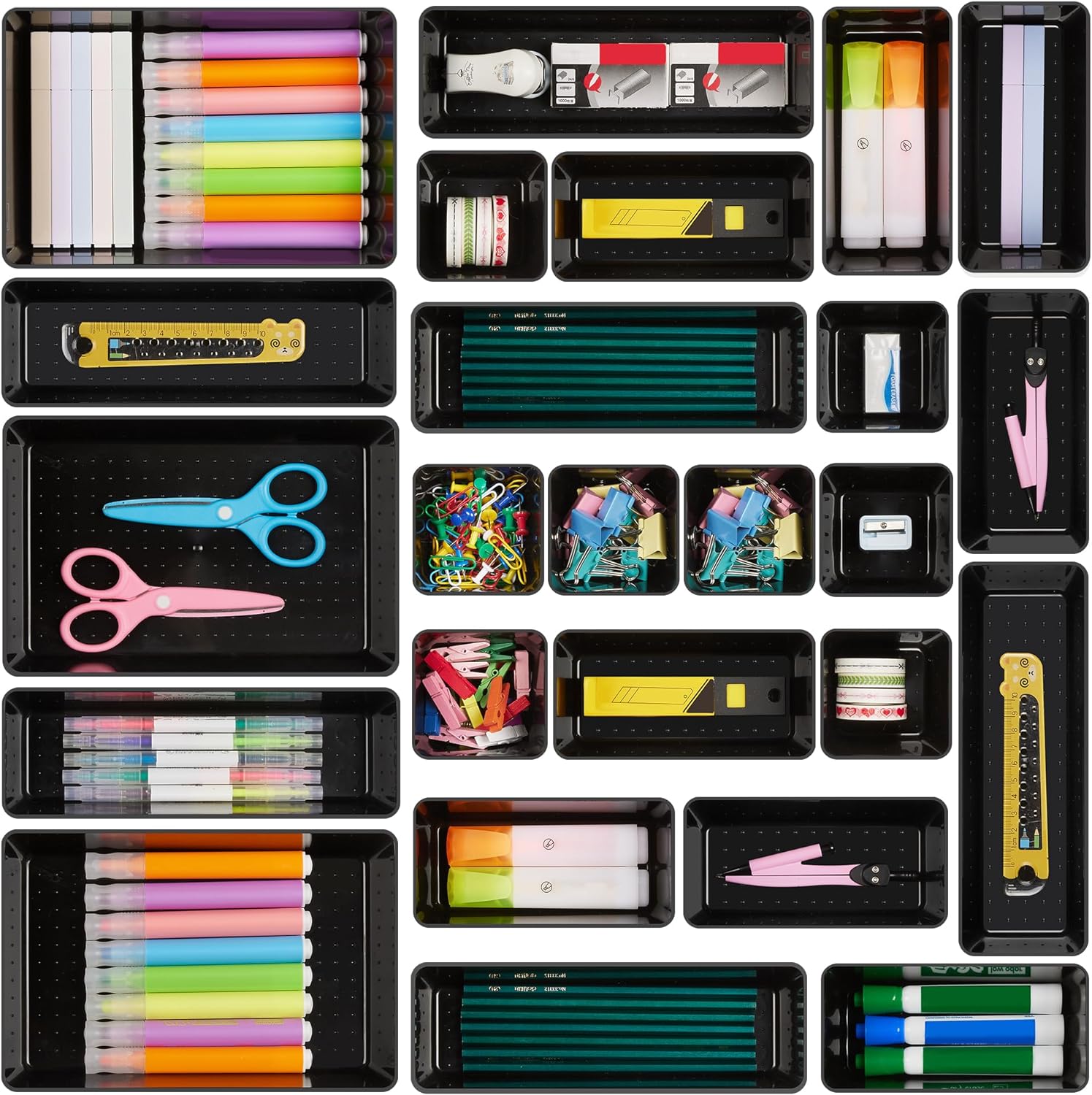 Vtopmart 25 PCS Clear Plastic Drawer Organizers Set, 4-Size Versatile Bathroom and Vanity Drawer Organizer Trays, Storage Bins for Makeup, Bedroom, Kitchen Gadgets Utensils and Office