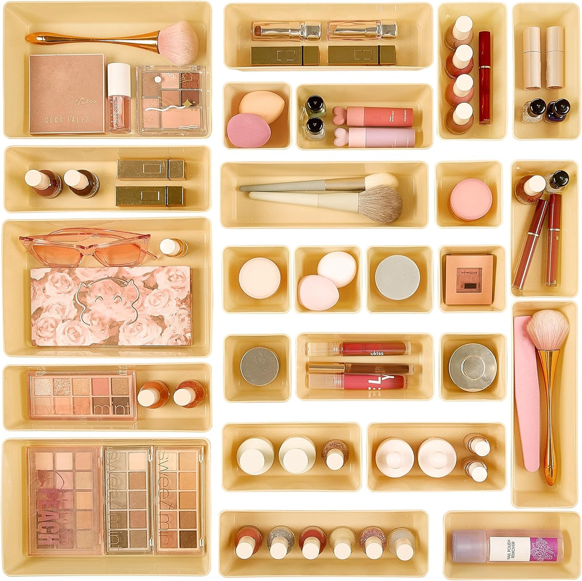 Vtopmart 25 PCS Clear Plastic Drawer Organizers Set, 4-Size Versatile Bathroom and Vanity Drawer Organizer Trays, Storage Bins for Makeup, Bedroom, Kitchen Gadgets Utensils and Office