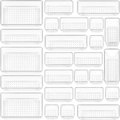 Vtopmart 25 PCS Clear Plastic Drawer Organizers Set, 4-Size Versatile Bathroom and Vanity Drawer Organizer Trays, Storage Bins for Makeup, Bedroom, Kitchen Gadgets Utensils and Office