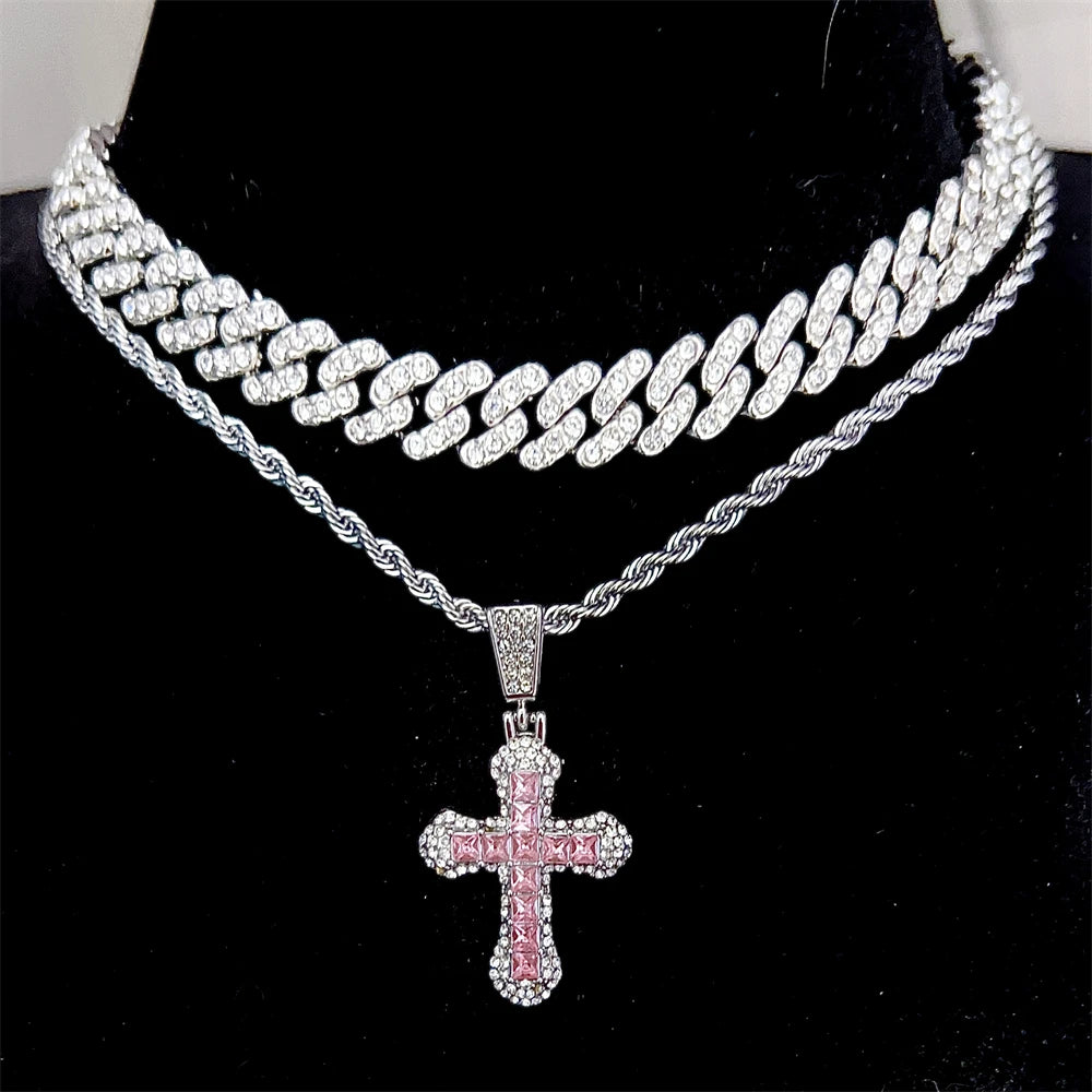 Bling Cross Pendant Iced Out Cuban Link Chain Necklace For Men&Women Full Rhinestones Crystal Charms Hip Hop Jewelry Chain Gift