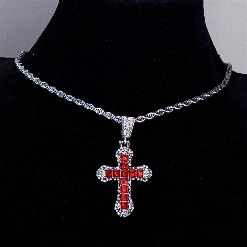 Bling Cross Pendant Iced Out Cuban Link Chain Necklace For Men&Women Full Rhinestones Crystal Charms Hip Hop Jewelry Chain Gift