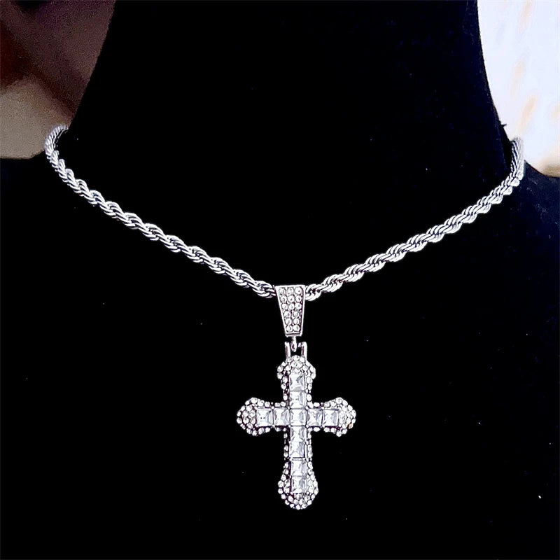 Bling Cross Pendant Iced Out Cuban Link Chain Necklace For Men&Women Full Rhinestones Crystal Charms Hip Hop Jewelry Chain Gift