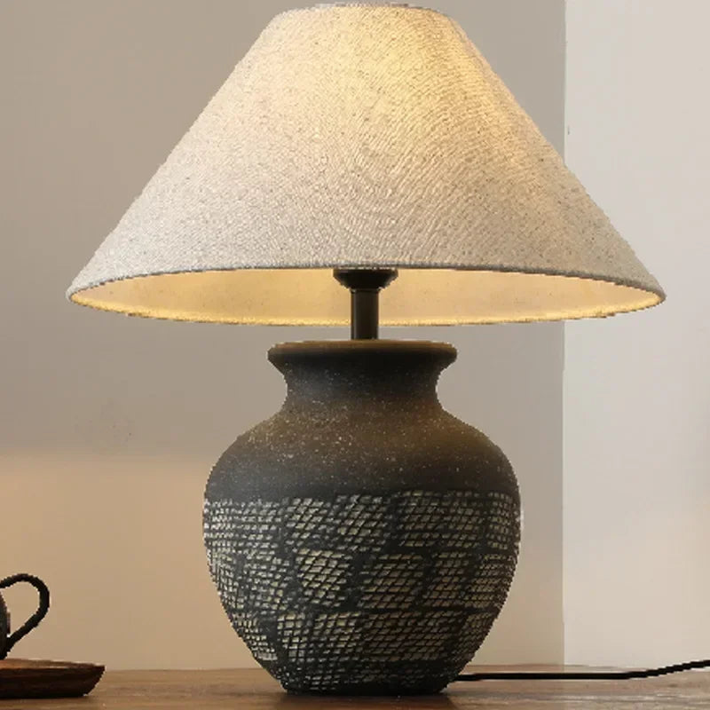 Ceramic Table Lamps for Bedroom Decoration Home Night Stand Lighting Fixtures LED Lights Fabric Lampshade Pottery Jar Design
