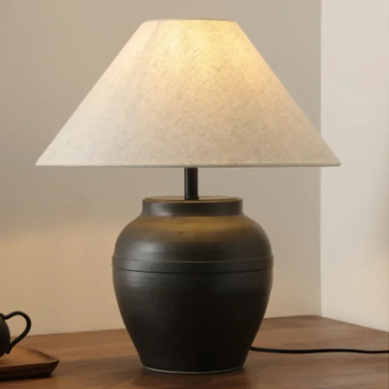Ceramic Table Lamps for Bedroom Decoration Home Night Stand Lighting Fixtures LED Lights Fabric Lampshade Pottery Jar Design