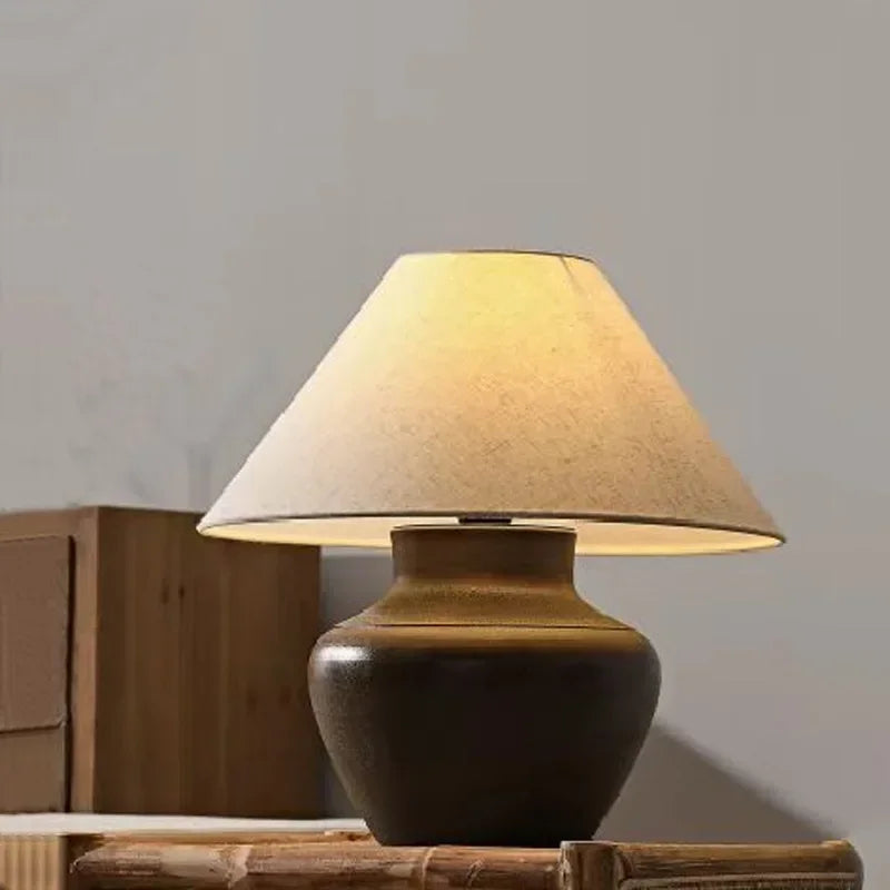 Ceramic Table Lamps for Bedroom Decoration Home Night Stand Lighting Fixtures LED Lights Fabric Lampshade Pottery Jar Design