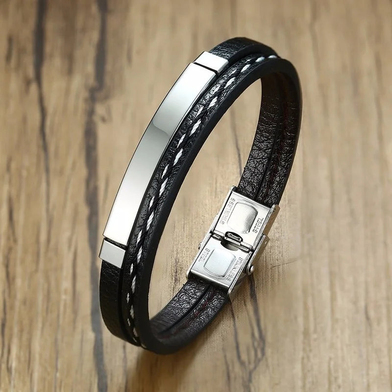 Delysia King 2021 Trendy Men Leatherwear Weave Bracelet Leisure Color Contrast Stainless Steel Bangle