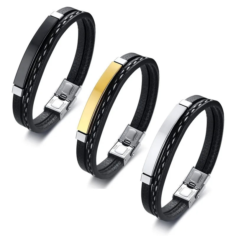 Delysia King 2021 Trendy Men Leatherwear Weave Bracelet Leisure Color Contrast Stainless Steel Bangle