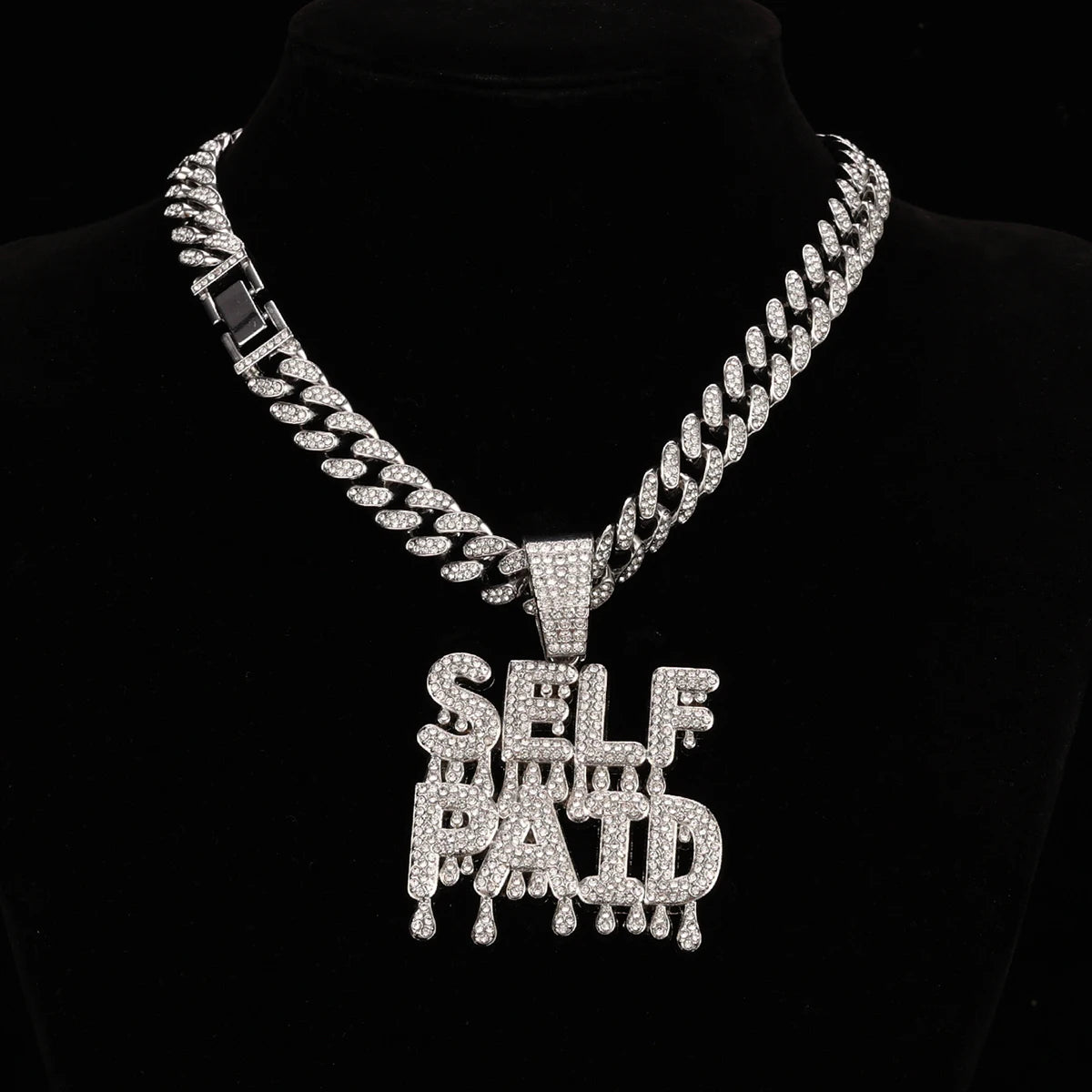 Glitter Unisex Hip-hop Letter SELFPAID Pendant Punk Cuban Necklace with Rhinestones for Women and Girls - Stylish