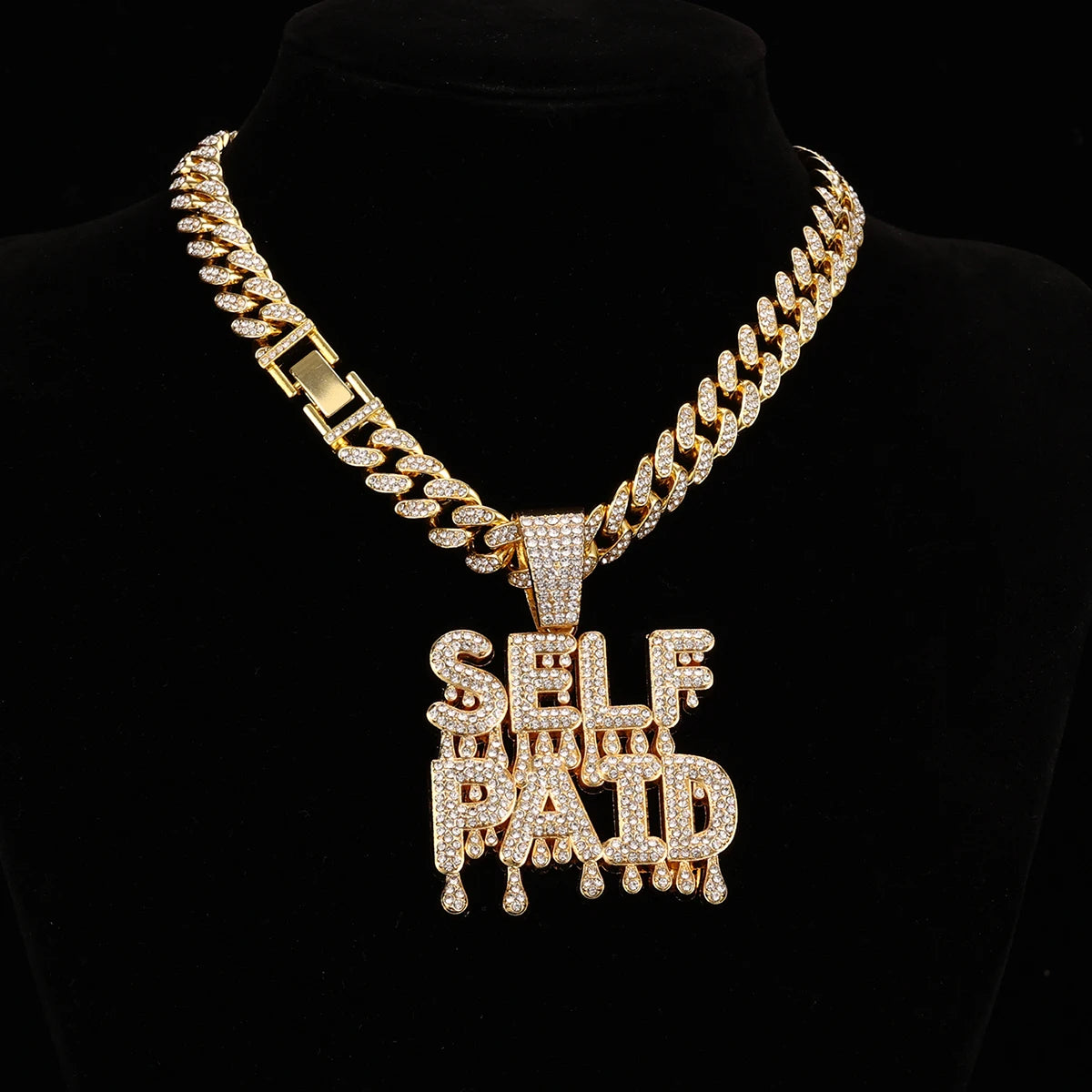 Glitter Unisex Hip-hop Letter SELFPAID Pendant Punk Cuban Necklace with Rhinestones for Women and Girls - Stylish