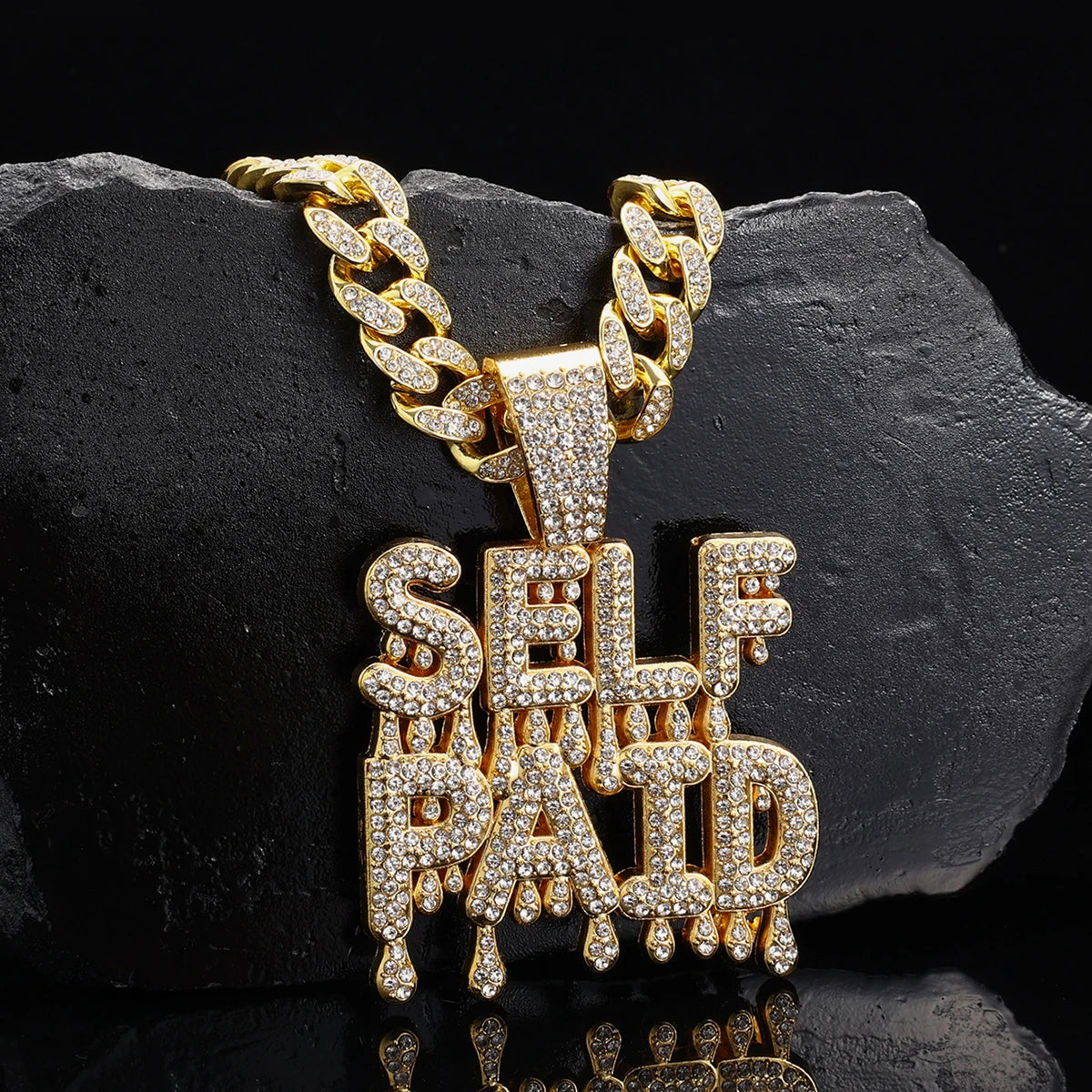 Glitter Unisex Hip-hop Letter SELFPAID Pendant Punk Cuban Necklace with Rhinestones for Women and Girls - Stylish