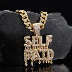 Glitter Unisex Hip-hop Letter SELFPAID Pendant Punk Cuban Necklace with Rhinestones for Women and Girls - Stylish