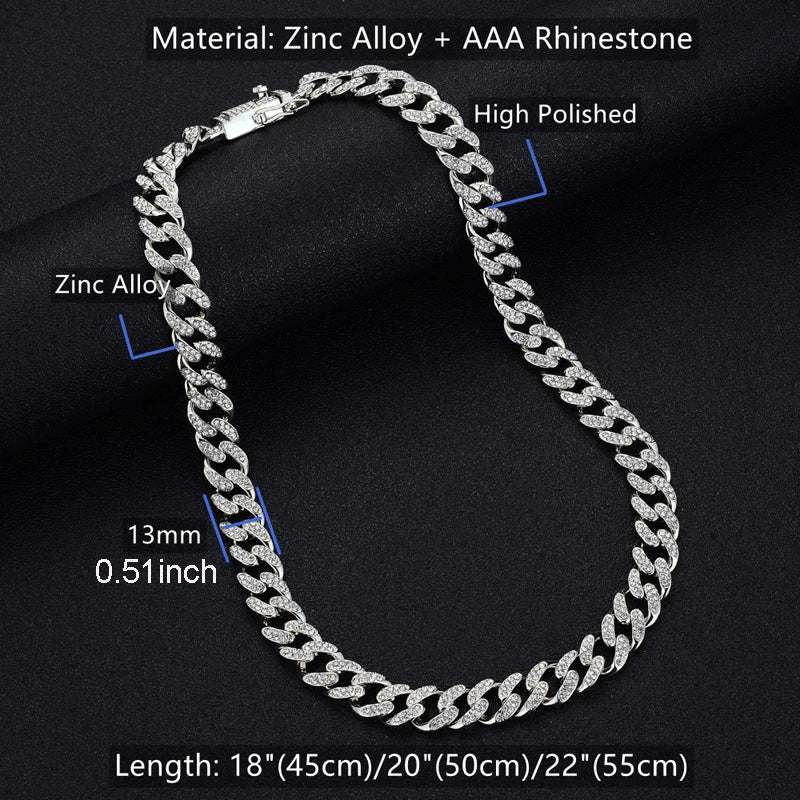 Hip Hop Geometric Cuban Chain Necklace Fashionable High Quality Hip Hop Rhinestone Necklace Bracelet Jewelry Gifts