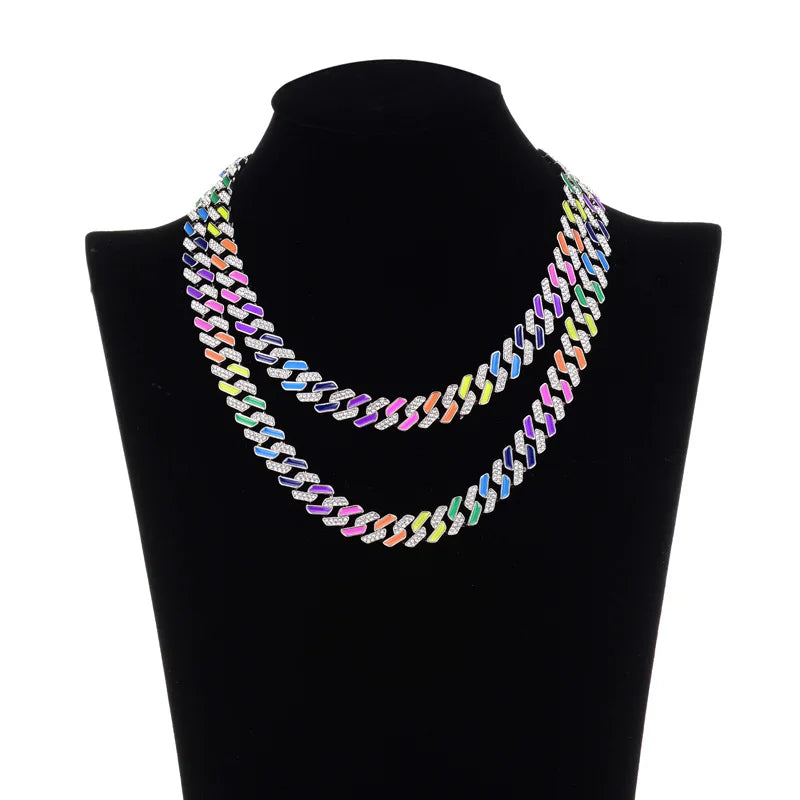 Hot selling 12MM 2-row rhinestones Prong Ice out Hip hop Purple/Pink/Colored Enamel Miami Cuban Link Chain for men and women