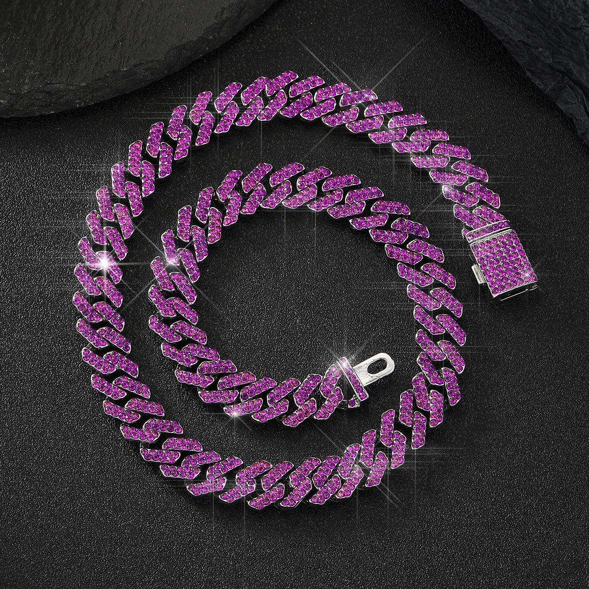 Hot selling 12MM 2-row rhinestones Prong Ice out Hip hop Purple/Pink/Colored Enamel Miami Cuban Link Chain for men and women