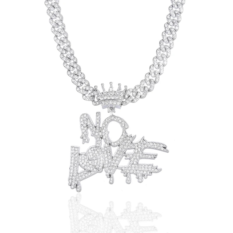 Ice out the letters "NO LOVE" Pendant with Cuban chain necklace, hip hop trend cool jewelry for men