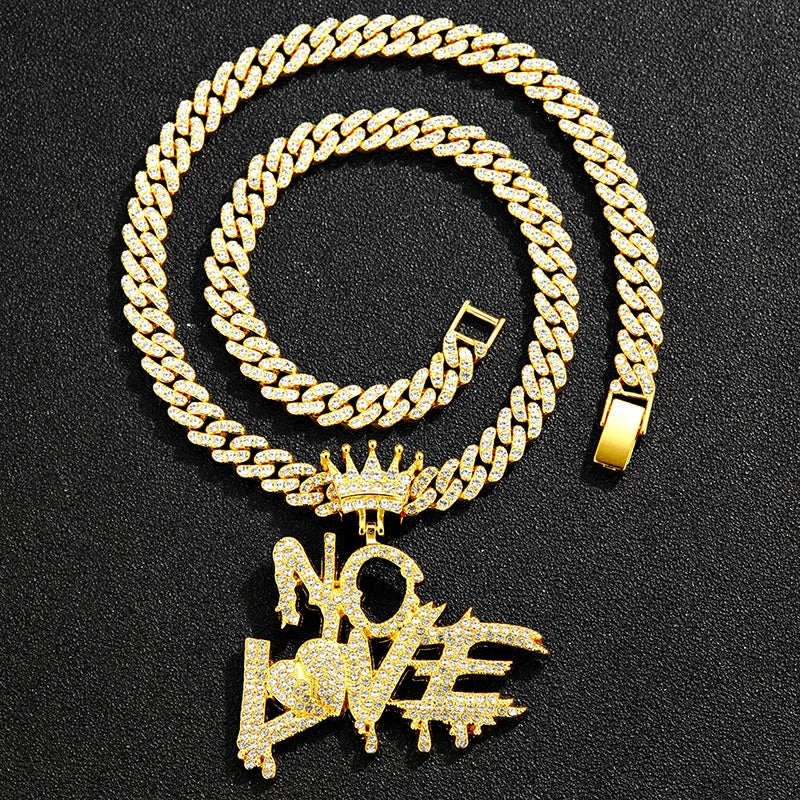 Ice out the letters "NO LOVE" Pendant with Cuban chain necklace, hip hop trend cool jewelry for men