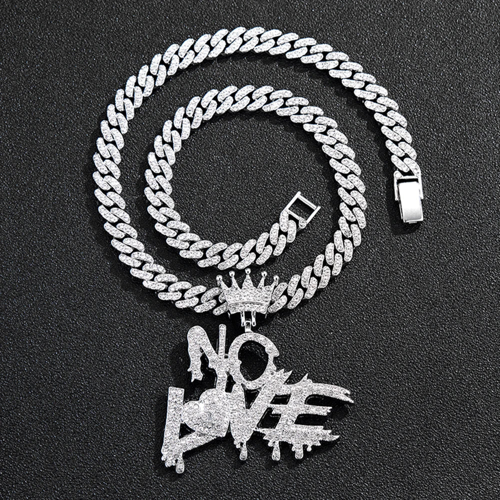 Ice out the letters "NO LOVE" Pendant with Cuban chain necklace, hip hop trend cool jewelry for men