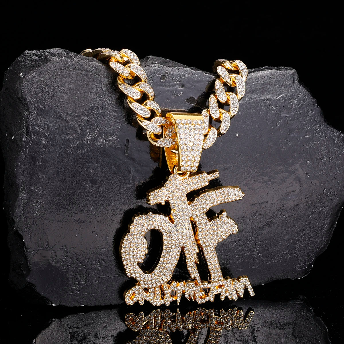 Iced out OTF Pendant Necklace with Cuban Link Chain for Men Women ,Rapper Jewelry Accessories