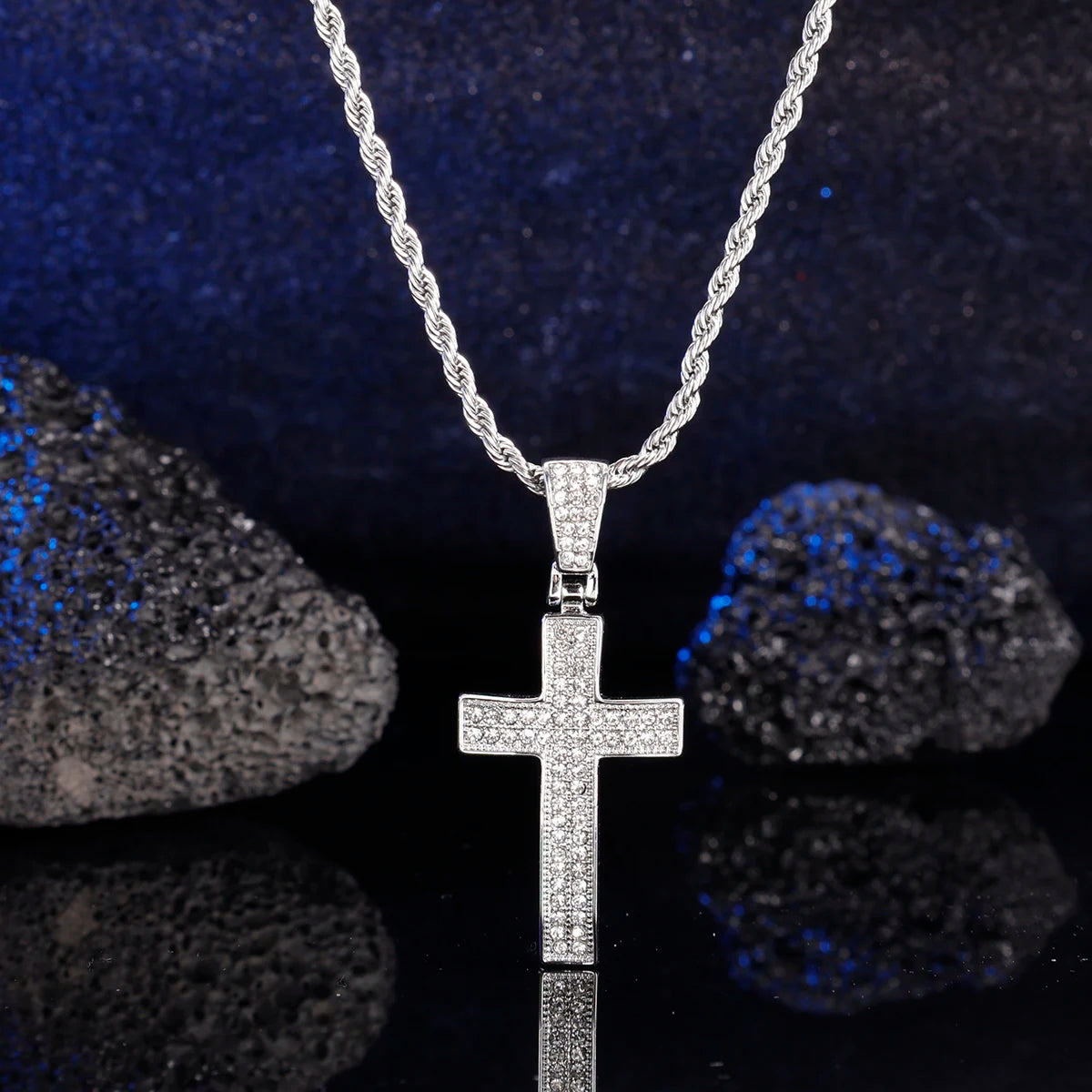 Men full of rhinestones Hip hop cross pendant Bling pop religious necklace with stainless steel chain