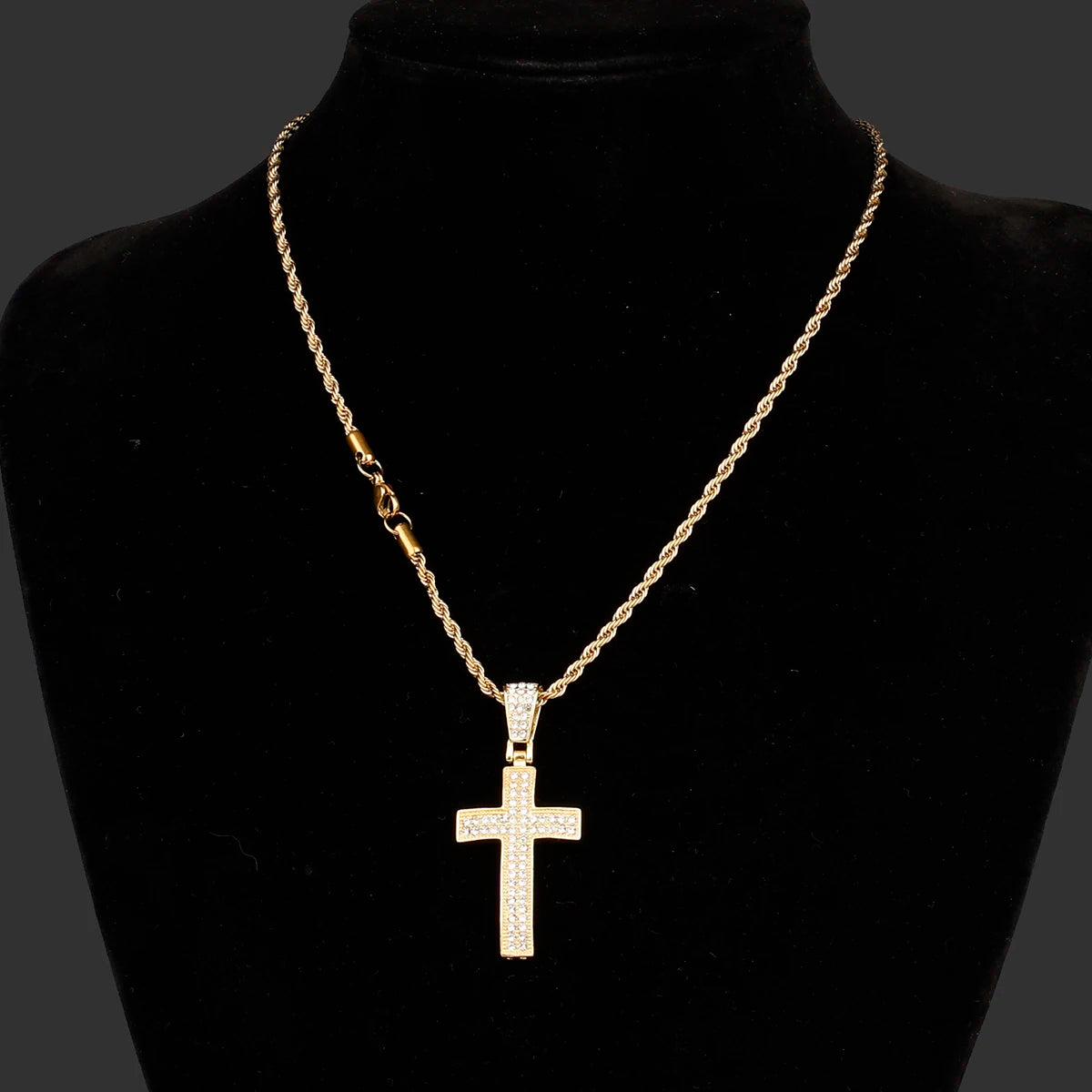 Men full of rhinestones Hip hop cross pendant Bling pop religious necklace with stainless steel chain