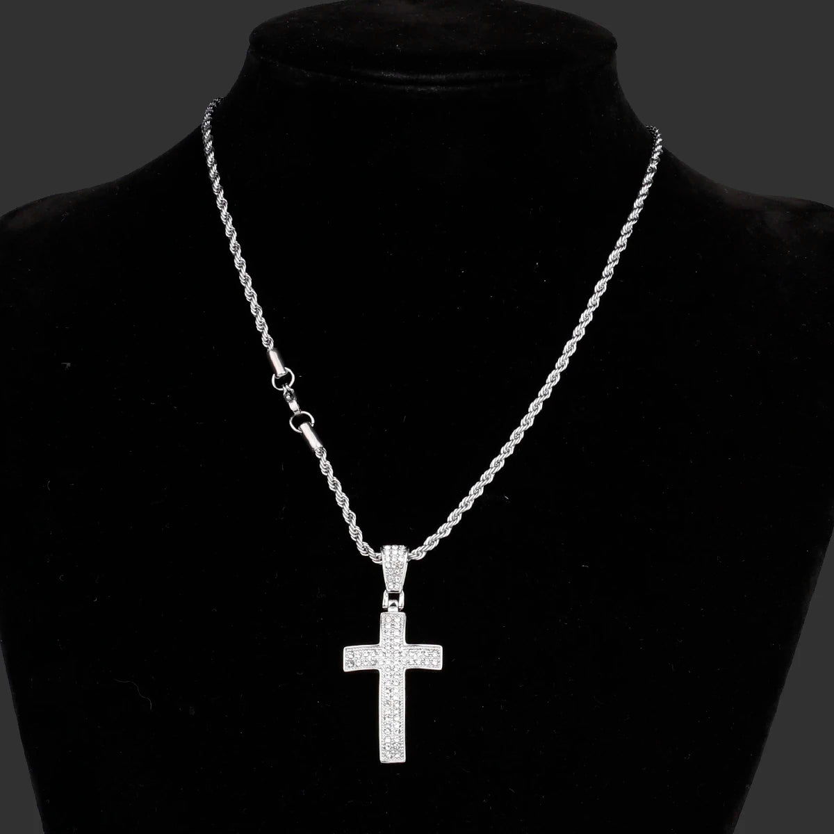 Men full of rhinestones Hip hop cross pendant Bling pop religious necklace with stainless steel chain