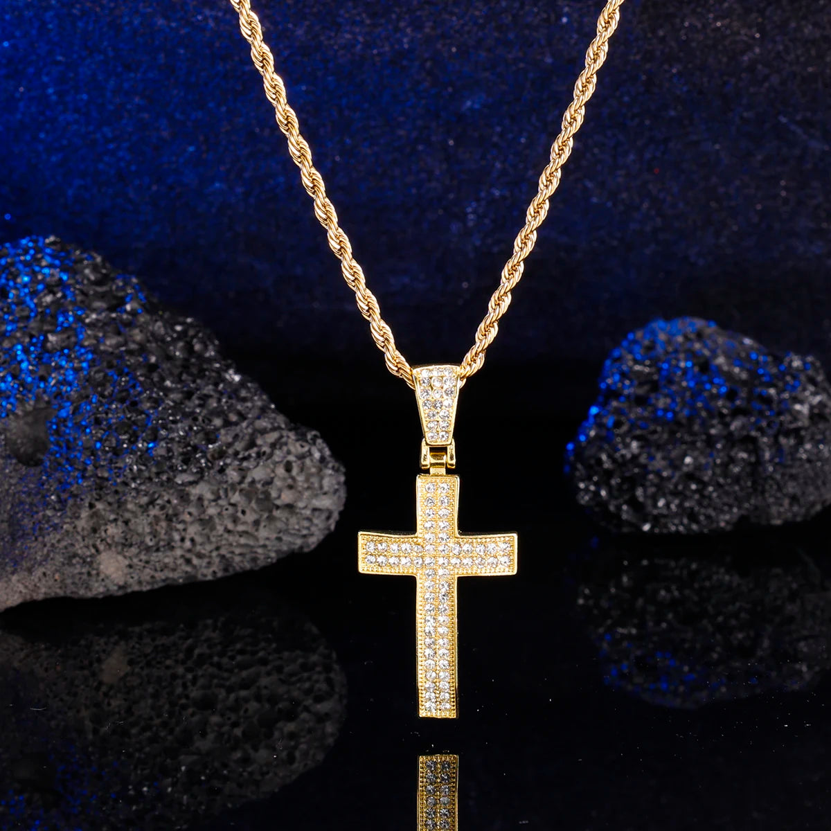 Men full of rhinestones Hip hop cross pendant Bling pop religious necklace with stainless steel chain