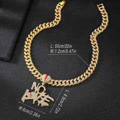 Men's Rhinestone Heart Split Red enamel "NO LOVE" Hip hop necklace with 13MM classic Cuban chain for rapper Jewelry gift