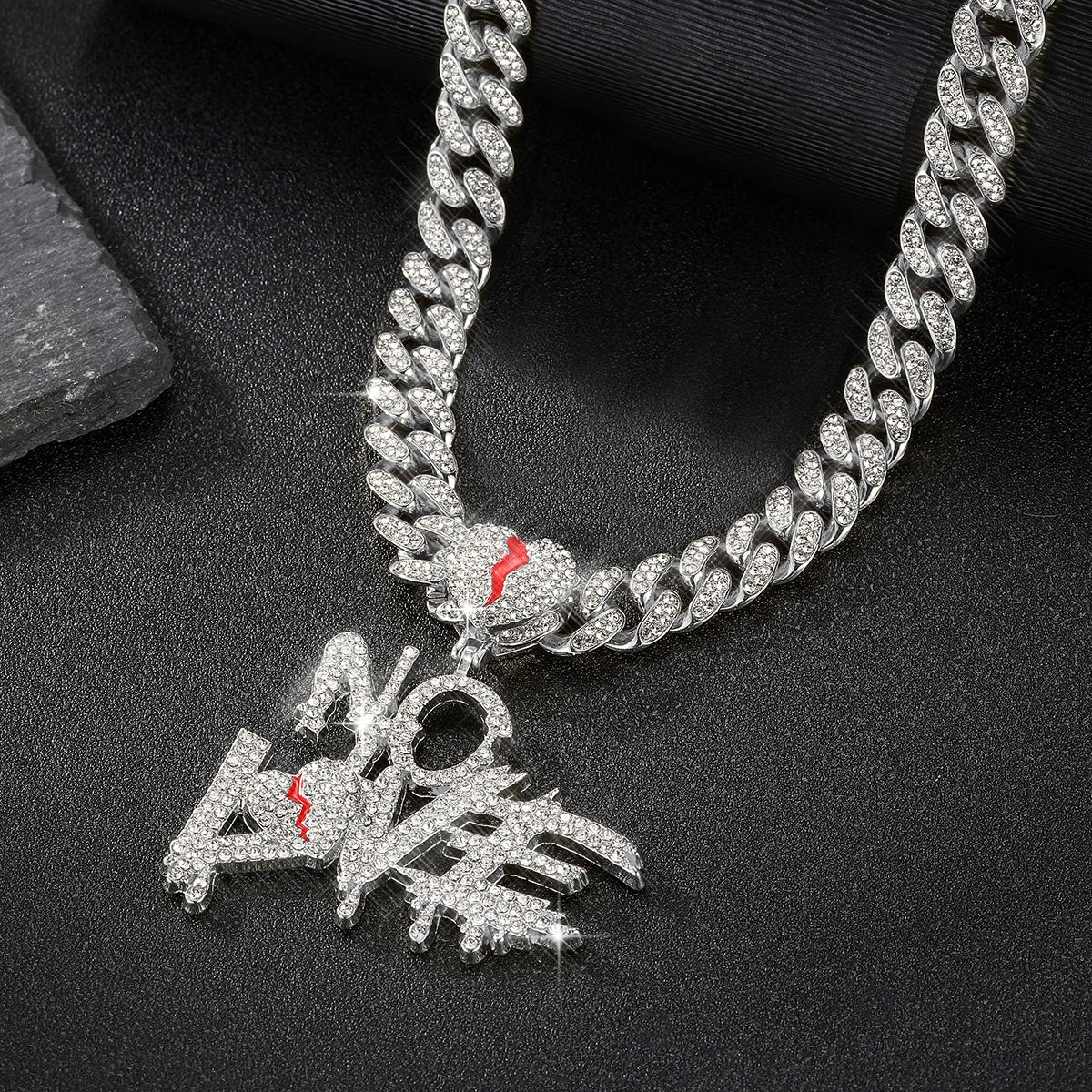 Men's Rhinestone Heart Split Red enamel "NO LOVE" Hip hop necklace with 13MM classic Cuban chain for rapper Jewelry gift