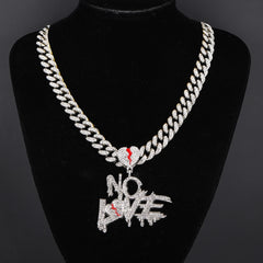 Men's Rhinestone Heart Split Red enamel "NO LOVE" Hip hop necklace with 13MM classic Cuban chain for rapper Jewelry gift