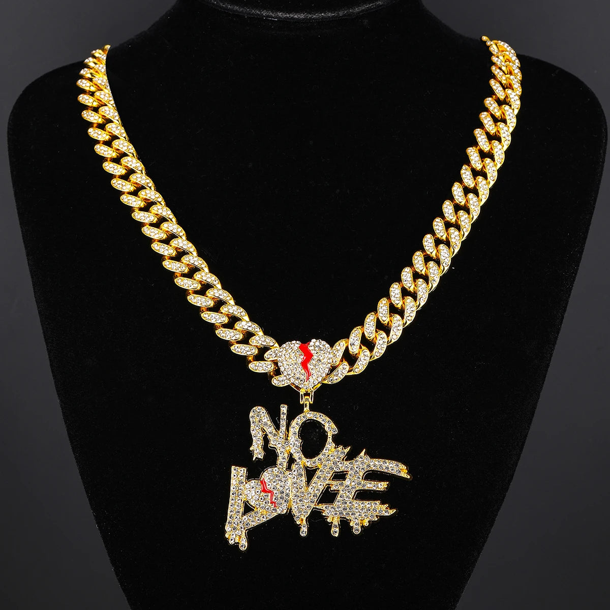 Men's Rhinestone Heart Split Red enamel "NO LOVE" Hip hop necklace with 13MM classic Cuban chain for rapper Jewelry gift