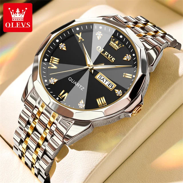 OLEVS 9931Quartz Watch for Men Rhombus Mirror Stainless Steel Waterproof Auto Date Week Clock Simplicity Luxury Men's Wristwatch