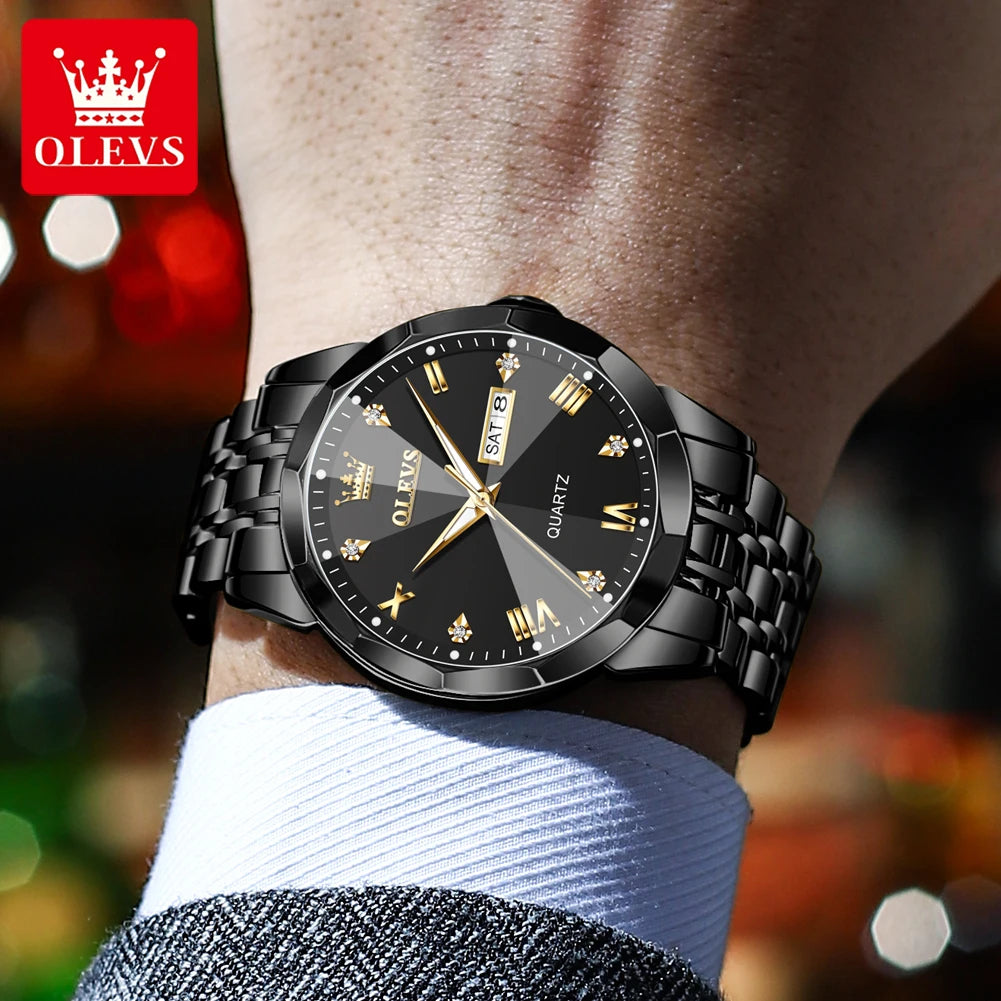 OLEVS 9931Quartz Watch for Men Rhombus Mirror Stainless Steel Waterproof Auto Date Week Clock Simplicity Luxury Men's Wristwatch