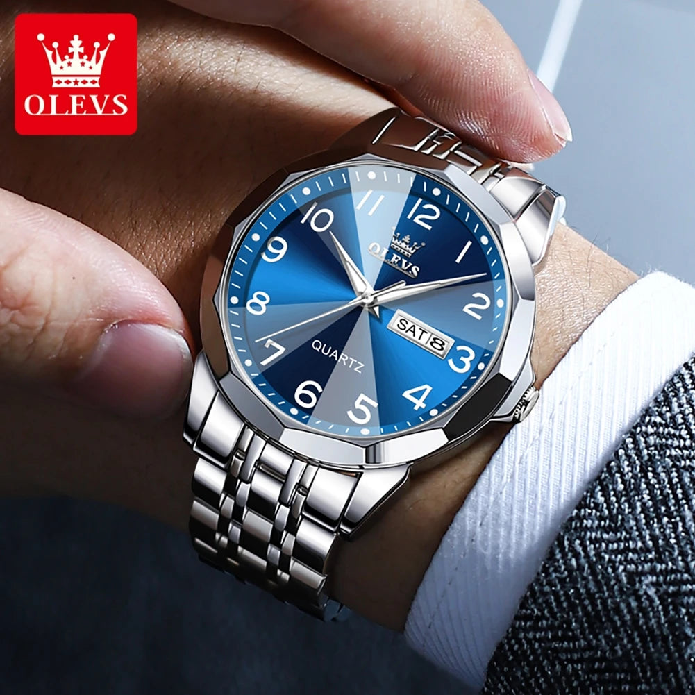 OLEVS 9970 Men's Wristwatch Luxury Digital Dial Unique Rhombus Mirror Quartz Watch for Men Stainless Steel Waterproof Man Watch