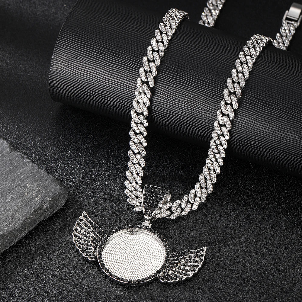 Picture frame Necklace Personalized for Men Women, CZ Angel Wings/Heart/Medallion Customized Photo Memory Pendant Chain 18 Inch