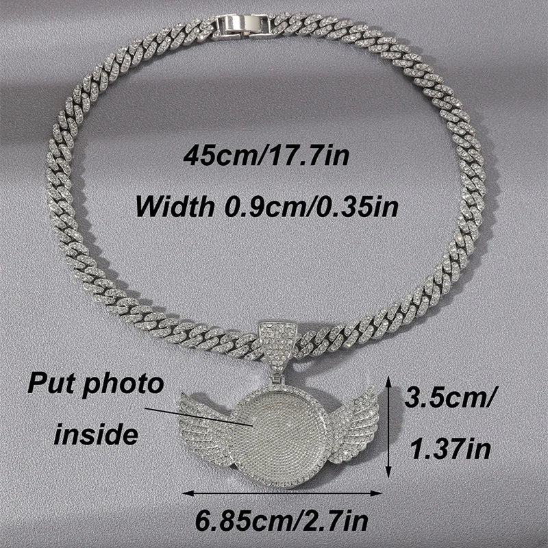 Picture frame Necklace Personalized for Men Women, CZ Angel Wings/Heart/Medallion Customized Photo Memory Pendant Chain 18 Inch