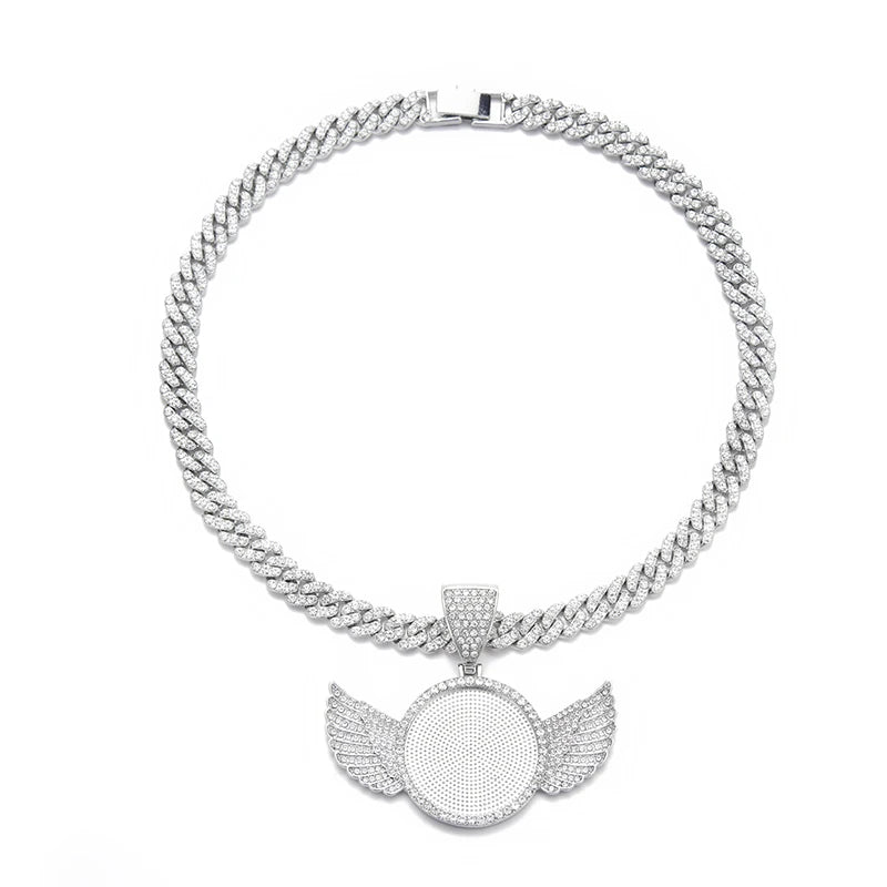 Picture frame Necklace Personalized for Men Women, CZ Angel Wings/Heart/Medallion Customized Photo Memory Pendant Chain 18 Inch