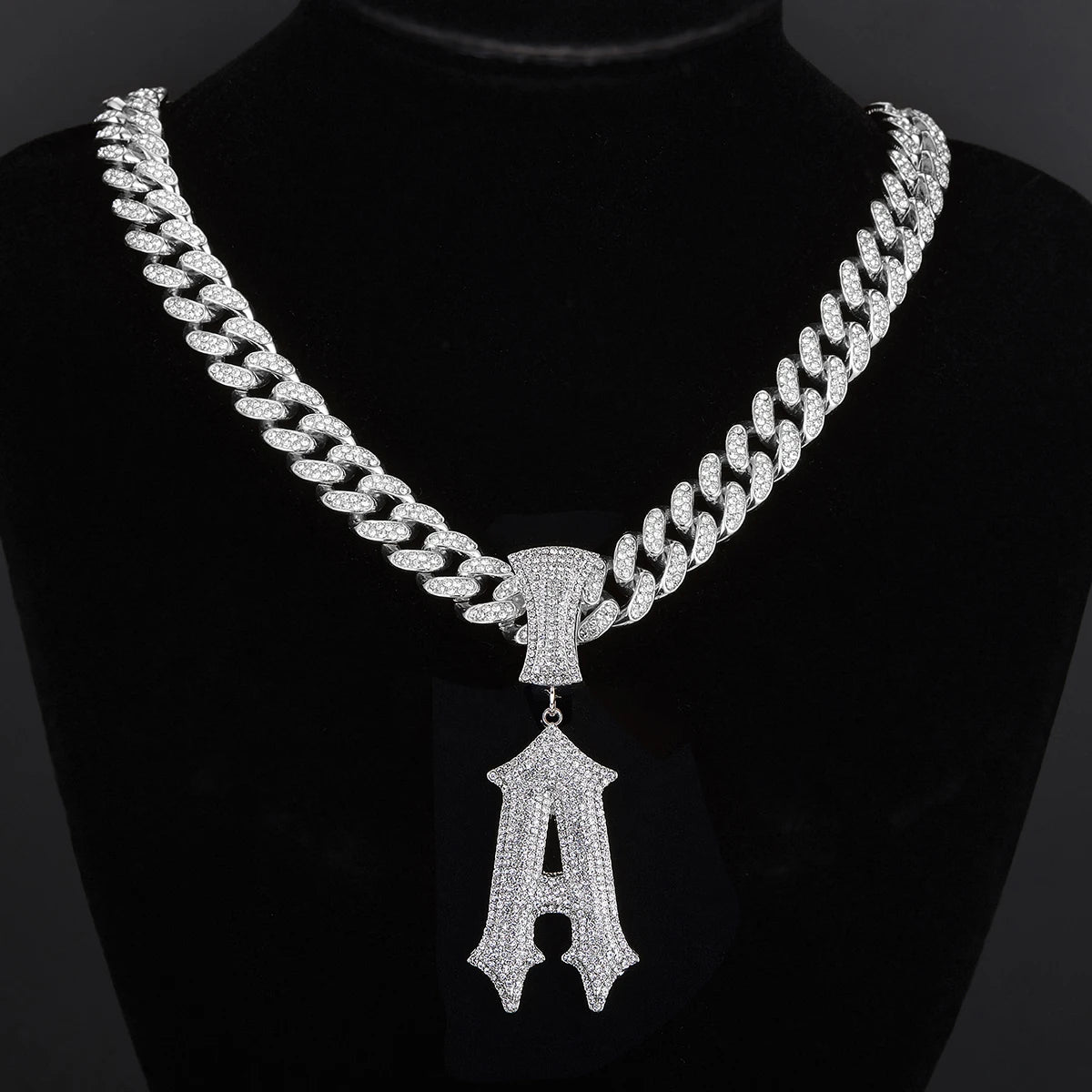 1pcs Hip Hop Full Rhinestone Shiny "A,S"Letter necklace with Ice Out 15MM Cuban chain for men and women Gifts for rappers