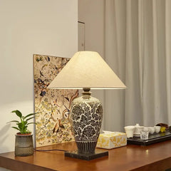 SANDYHA Ceramic Desk Lamp Retro for Bedroom Bedside Lamps Dining Table Lighting Living Room Decor Fabric Lampshade LED Lights