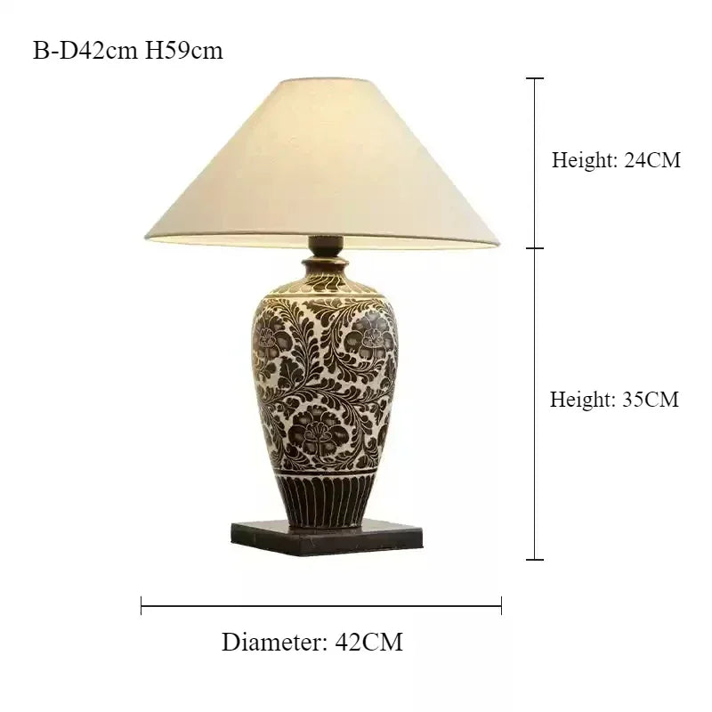 SANDYHA Ceramic Desk Lamp Retro for Bedroom Bedside Lamps Dining Table Lighting Living Room Decor Fabric Lampshade LED Lights