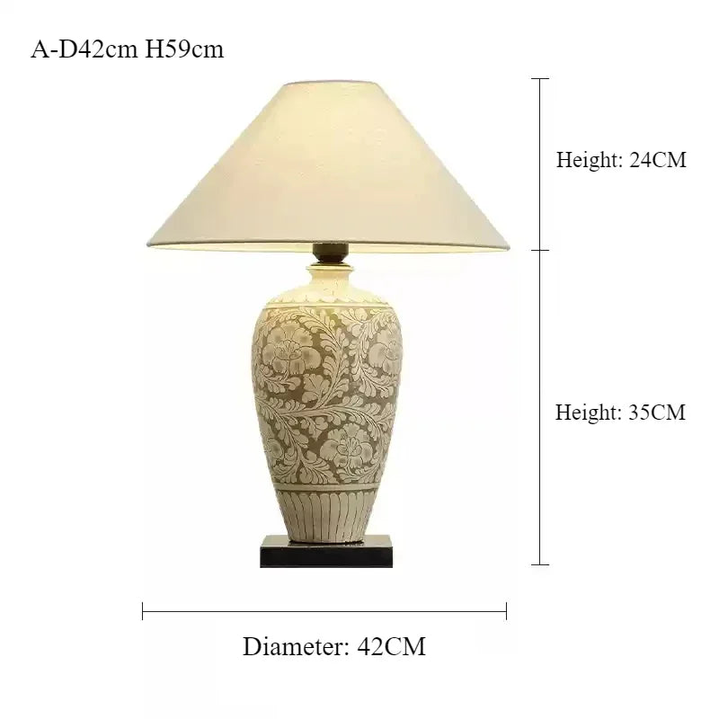 SANDYHA Ceramic Desk Lamp Retro for Bedroom Bedside Lamps Dining Table Lighting Living Room Decor Fabric Lampshade LED Lights