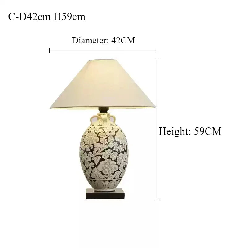 SANDYHA Ceramic Desk Lamp Retro for Bedroom Bedside Lamps Dining Table Lighting Living Room Decor Fabric Lampshade LED Lights