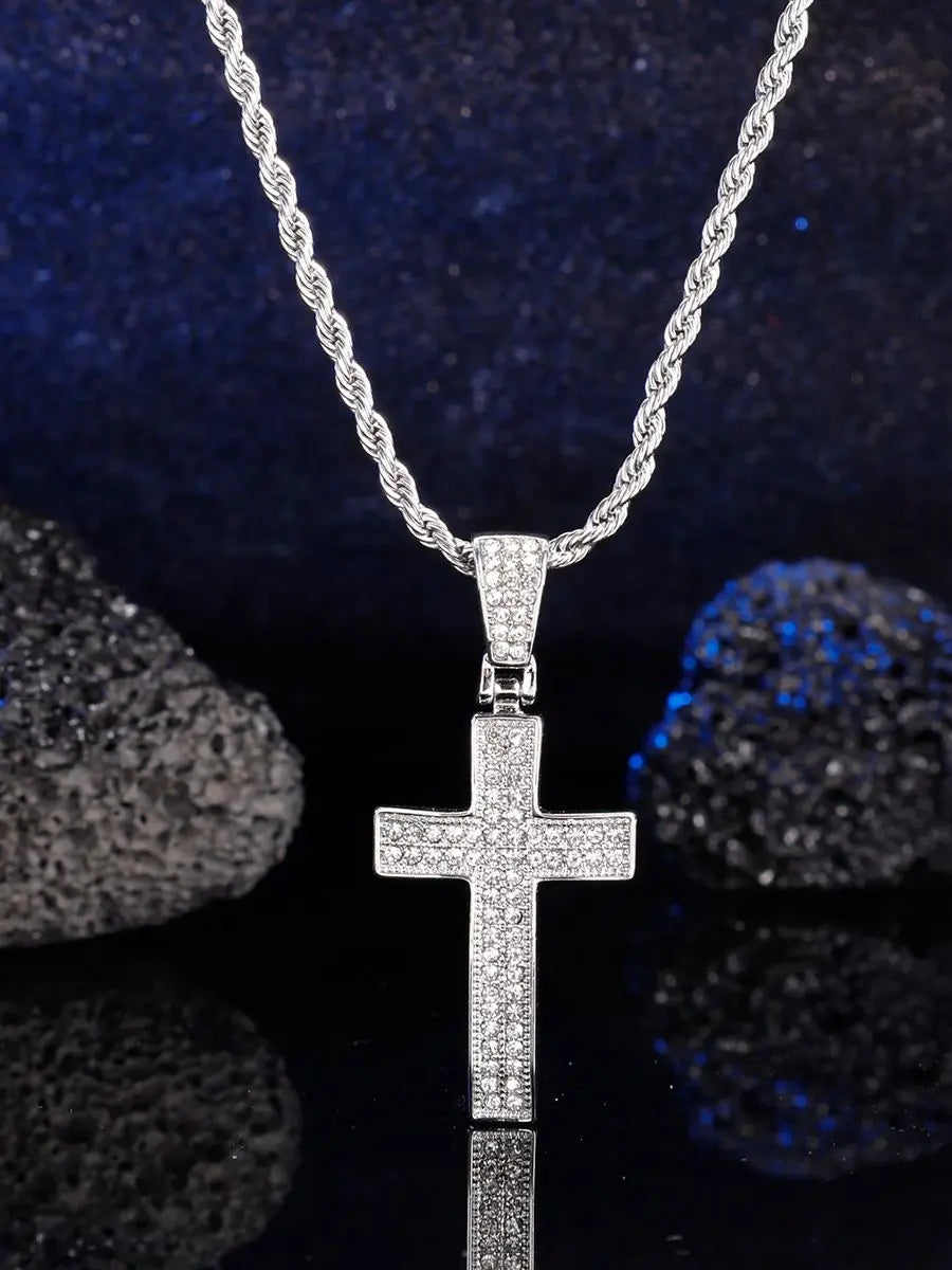 Men full of rhinestones Hip hop cross pendant Bling pop religious necklace with stainless steel chain