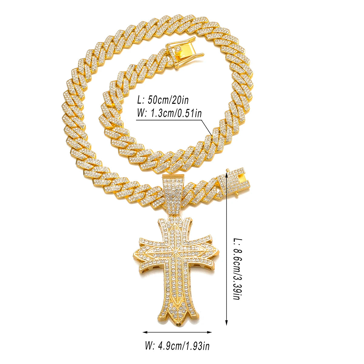 Stylish Men's All Rhinestones Cuban Chain Necklace with Punk Crystal Cross Pendant